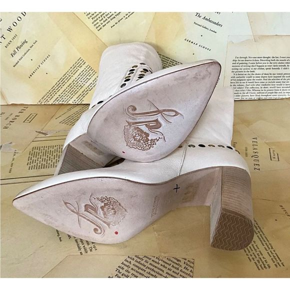 Free People Studded Dakota Heel Boot Leather Slouch Ivory Distressed Leather - Picture 4 of 9